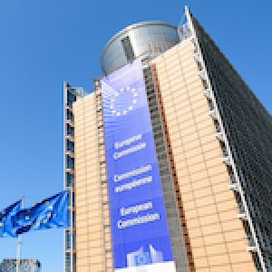 Low angle view of the large banner on the facade of the southern wing of the Berlaymont building, seat of the European Commission in Brussels, Belgium.