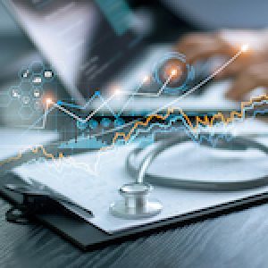Healthcare business graph data and growth, Stethoscope with doctor's health report clipboard on table, Medical examination and doctor analyzing medical report on laptop screen.